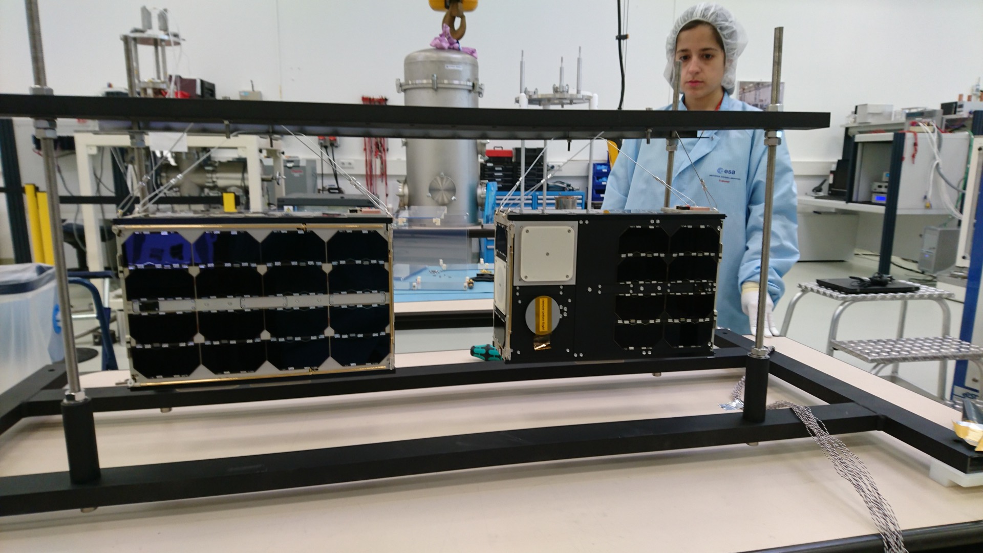 GOMX-4A left and GOMX-4B right during mechanical testing.